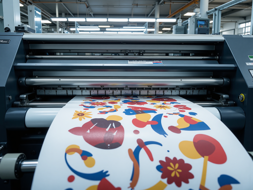 现代化印刷厂车间，大型印刷设备正在运转，工作人员监控生产过程，整洁有序的工业环境