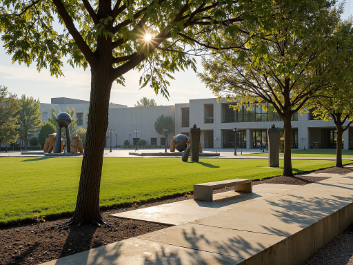 校园建筑外观，现代化教学楼，绿树成荫的校园环境，学生们在校园中行走，阳光明媚的户外场景