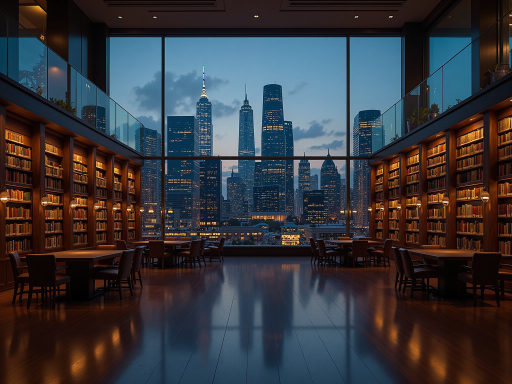 图书馆内部场景，整齐排列的书架，读者在安静阅读，柔和的灯光营造舒适的阅读环境